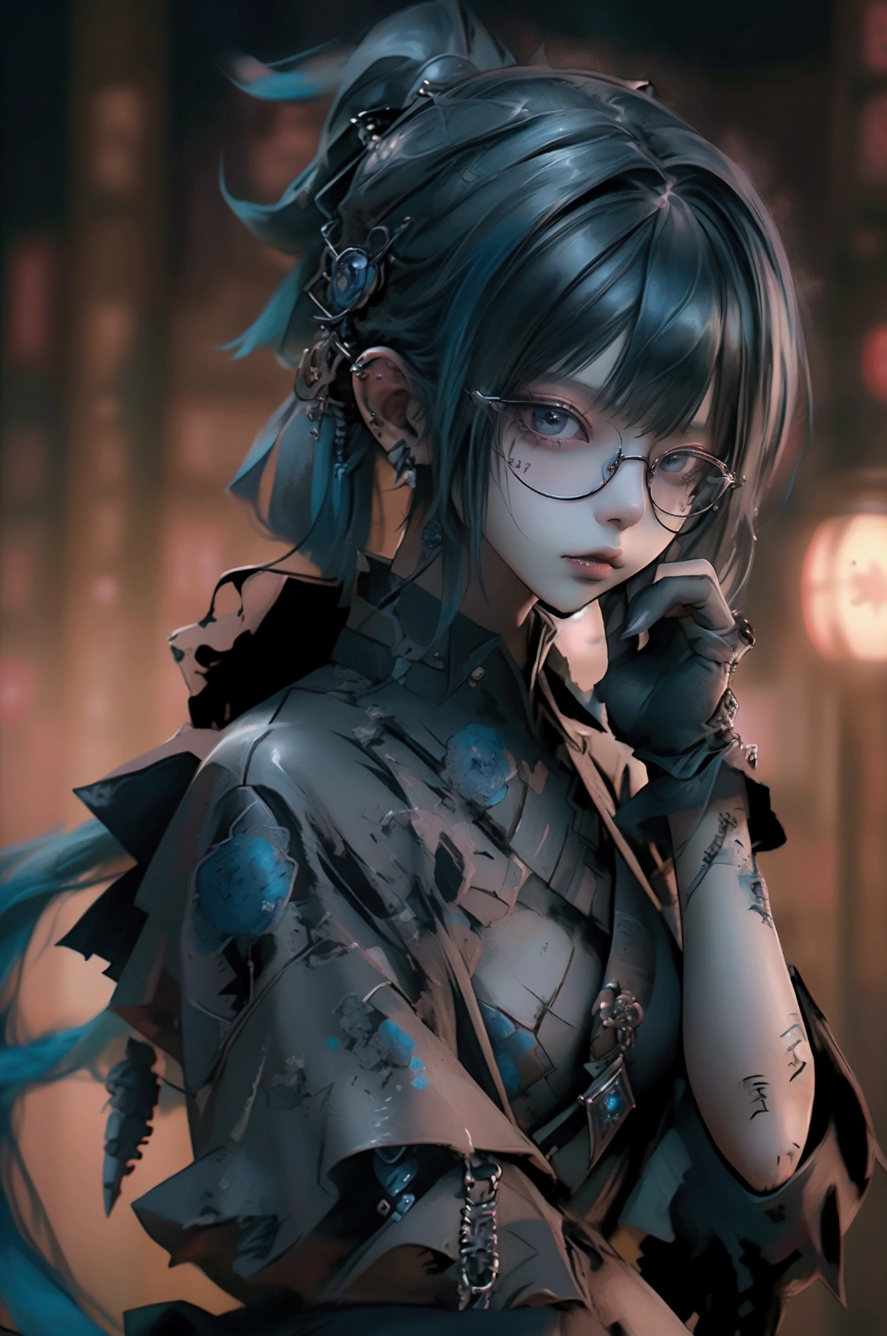 While looking up at the camera, with the 都市景観 in the background looking down at the city from above,Extreme high angle, Looking into the camera, Gothic Punk、((Image color: black and blue))、The inner color is blue、Black-haired、hair ornaments、beautiful girl、ponytail,creative、Dark Fantasy Style、Neogoth、Goth Fashion:1.2、dress、Shorts、boots、High resolution、masterpiece、Highest quality、Fine skin、Sharp focus、(Cinema Lighting)、Realistic textured hair、((Glasses))、細いデザインのGlasses