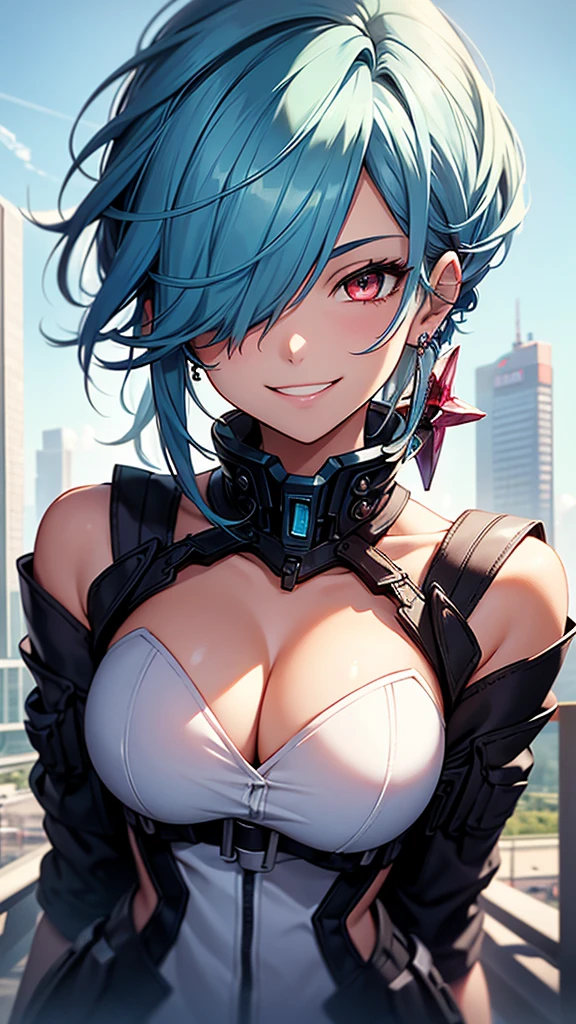 High resolution, One girl, , Blue Hair/Light blue hair, Cowboy Shot, Big , Red eyes, Big , Earrings, smile, smiling, 8k octane, High resolution, masterpiece, High detail, High-resolution model, high quality, Textured skin, Action Painting, Crystal Earrings, Smiling with teeth showing, One-eye eye mask, 