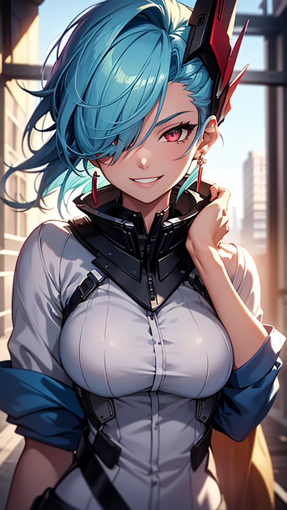 High resolution, One girl, chest, Blue Hair/Light blue hair, Cowboy Shot, Big chest, Red eyes, Big chest, Earrings, smile, smiling, 8k octane, High resolution, masterpiece, High detail, High-resolution model, high quality, Textured skin, Action Painting, Crystal Earrings, Smiling with teeth showing, One-eye eye mask,