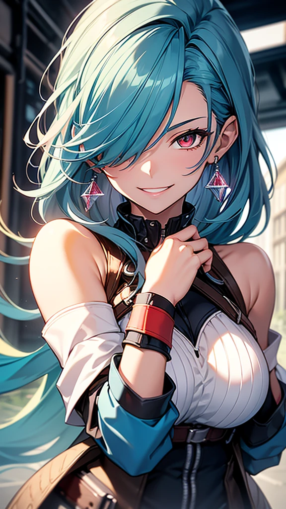 High resolution, One girl, chest, Blue Hair/Light blue hair, Cowboy Shot, Big chest, Red eyes, Big chest, Earrings, smile, smiling, 8k octane, High resolution, masterpiece, High detail, High-resolution model, high quality, Textured skin, Action Painting, Crystal Earrings, Smiling with teeth showing, One-eye eye mask, 
