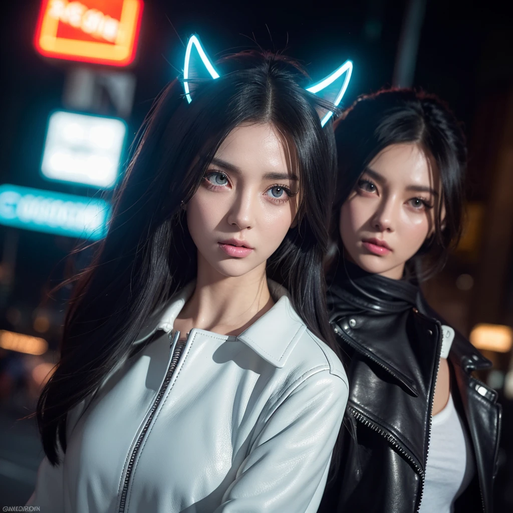 a cat-eared girl, beautiful detailed eyes, beautiful detailed lips, extremely detailed face, long eyelashes, attractive, busty, leather jacket, white shirt, walking on neon streets, side view, 8k, high quality, photorealistic, cinematic lighting, vibrant colors, neon lights, ambient occlusion, depth of field