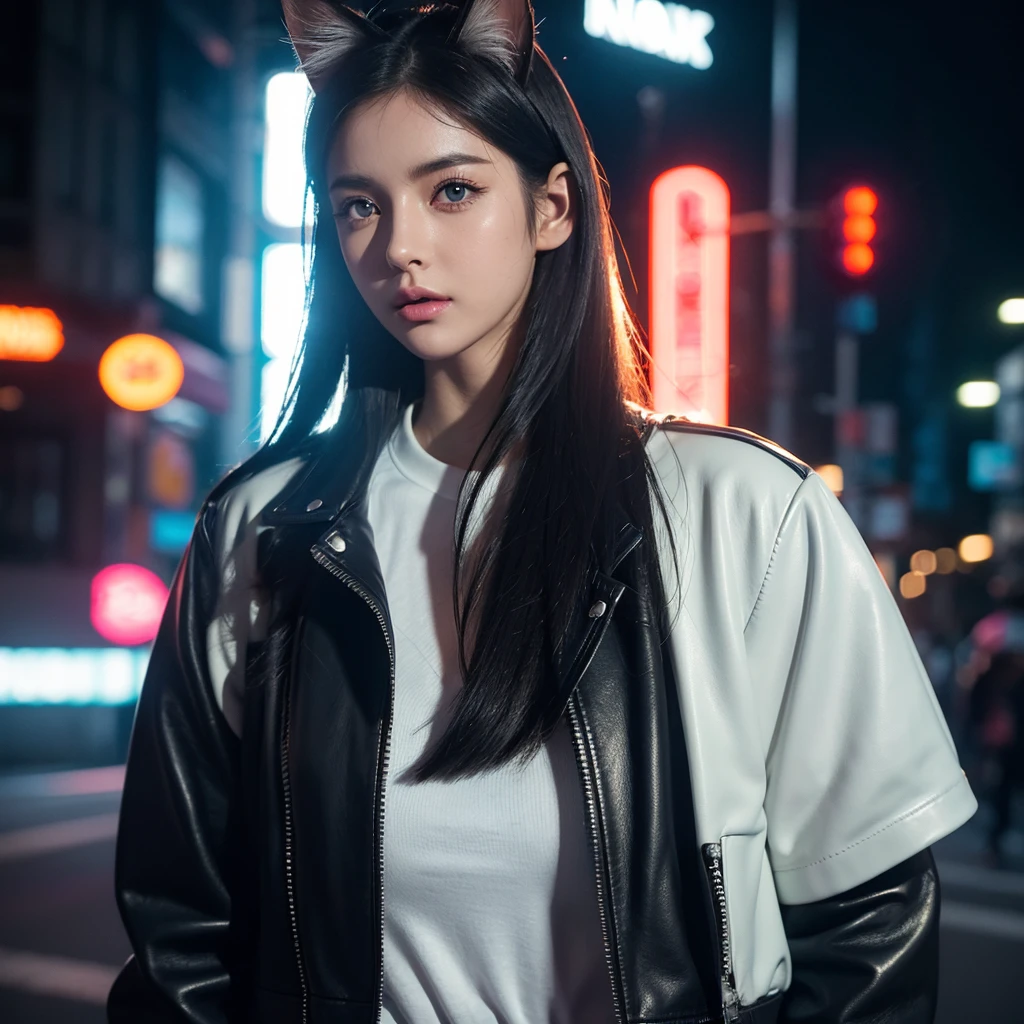 a cat-eared girl, beautiful detailed eyes, beautiful detailed lips, extremely detailed face, long eyelashes, attractive, busty, leather jacket, white shirt, walking on neon streets, side view, 8k, high quality, photorealistic, cinematic lighting, vibrant colors, neon lights, ambient occlusion, depth of field