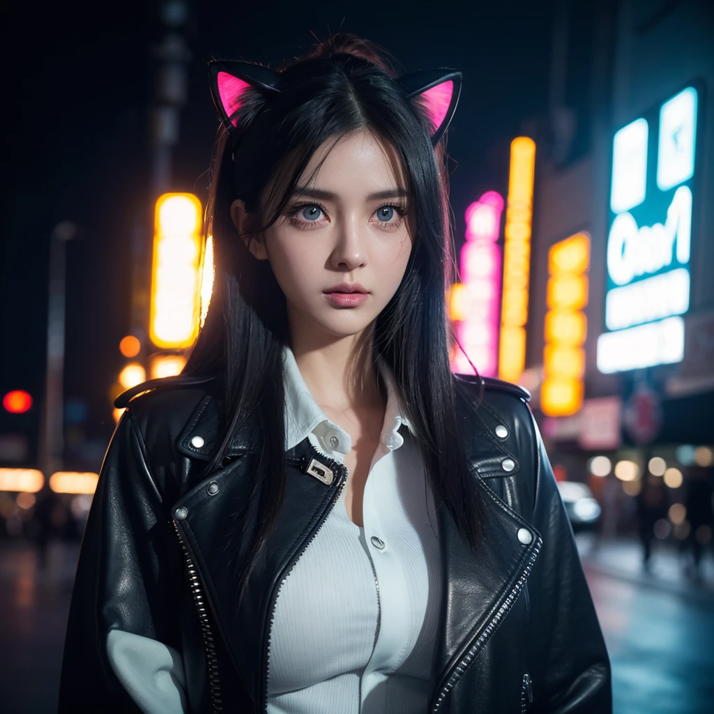 a cat-eared girl, beautiful detailed eyes, beautiful detailed lips, extremely detailed face, long eyelashes, attractive, busty, leather jacket, white shirt, walking on neon streets, side view, 8k, high quality, photorealistic, cinematic lighting, vibrant colors, neon lights, ambient occlusion, depth of field