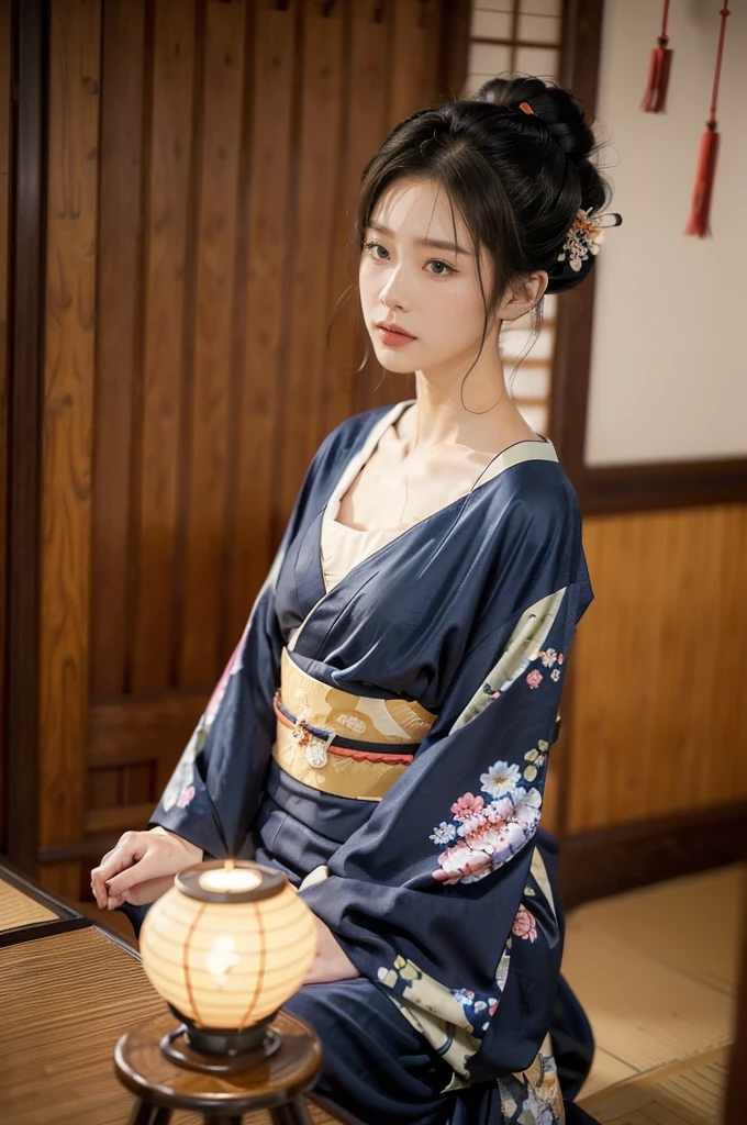 (((best quality))),(((ultra detailed))),(((masterpiece))),illustration,((1 beautiful Japanese girl,solo)),((slim,thin)),((small breasts,flat chest)),serene,melancholic,(rainy:1.3),(night scene:1.3),(in izakaya:1.3),(bun hair:1.2),(traditional Navy blue floral sheer kimono:1.3),cozy atmosphere,ethereal appearance,delicate features,expressive eyes,contemplation,numbs loneliness,intricate kimono patterns,billowing kimono,traditional beauty,(Sitting on a stool at the dining table:1.3),sliding doors,rainy alley,soft glow lanterns,warm ambiance,vapor,atmospheric haze,introspection,isolation,beauty in solitude,complex emotions,quiet moments,Drinking Alone,narrative,loneliness,yearning,inner peace,((from front,upper body))