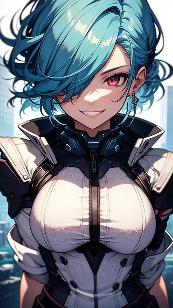 High resolution, One girl, chest, Blue Hair/Light blue hair, Cowboy Shot, Big chest, Red eyes, Big chest, Earrings, smile, smiling, 8k octane, High resolution, masterpiece, High detail, High-resolution model, high quality, Textured skin, Action Painting, Crystal Earrings, Smiling with teeth showing, One-eye eye mask, 