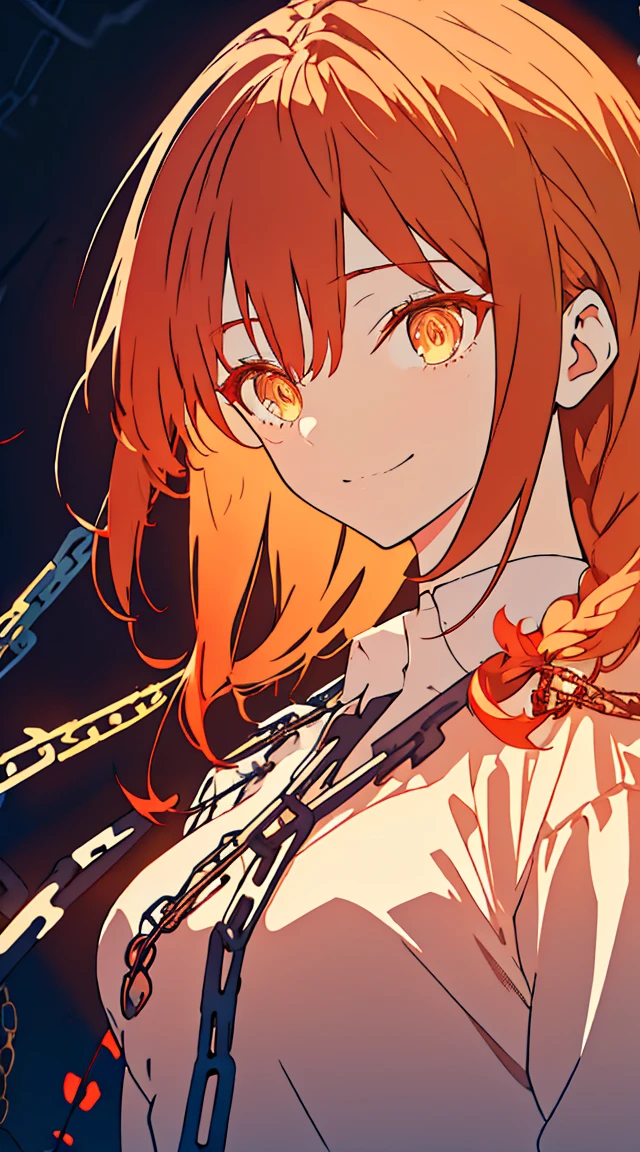 hand \(chainaw man\), Highest quality, Super detailed, One girl, alone, Are standing, Redhead, Long braided hair, Golden Eyes, bangs, Medium chest, White shirt, Tic, stare, smile, (evil:1.2), Displaying the viewer, (interview:1.3), (Dark Background, chain:1.3)