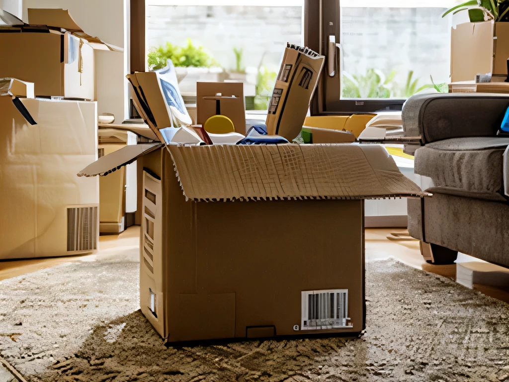 household things in an open cardboard box, that can be seen from outside, a single box in the living room