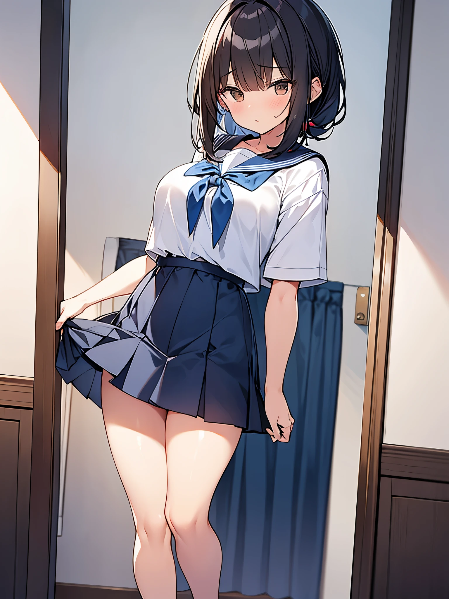 (highest quality), Super detailed), (Ultra High Resolution 8K), High-definition facial beauty,  ((Skirt Lift)), (((Blushing, Embarrassing))), Girl with anxious expression, (Big Breasts), Short sleeve polo shirt, Showing panties, Very hot day, Shade, ((Seduction at the Door)), Angle from below