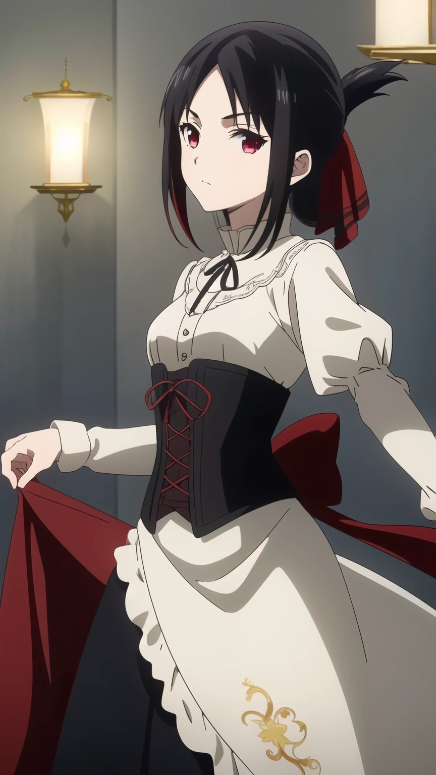 (best quality, masterpiece, 8k:1.2), anime, detailed,
Shinomiya Kaguya,1girl, solo, (black hair:1.2), side Lock, red eyes, short hair, folded ponytail, red hair ribbon, eye light, (victorian, victorian dress, corset, embroidery),
looking at the viewer, small medium breasts, dynamic Angle, 