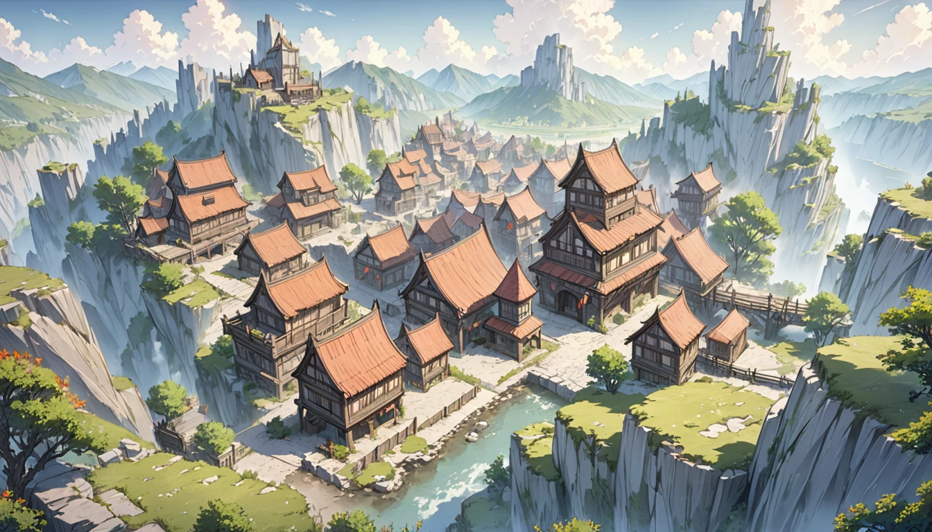 middle Ages　 Fantasy RPG Landscape Stone City Landscape, no humans, no peoples, Bar D, Many bars，Many wooden houses