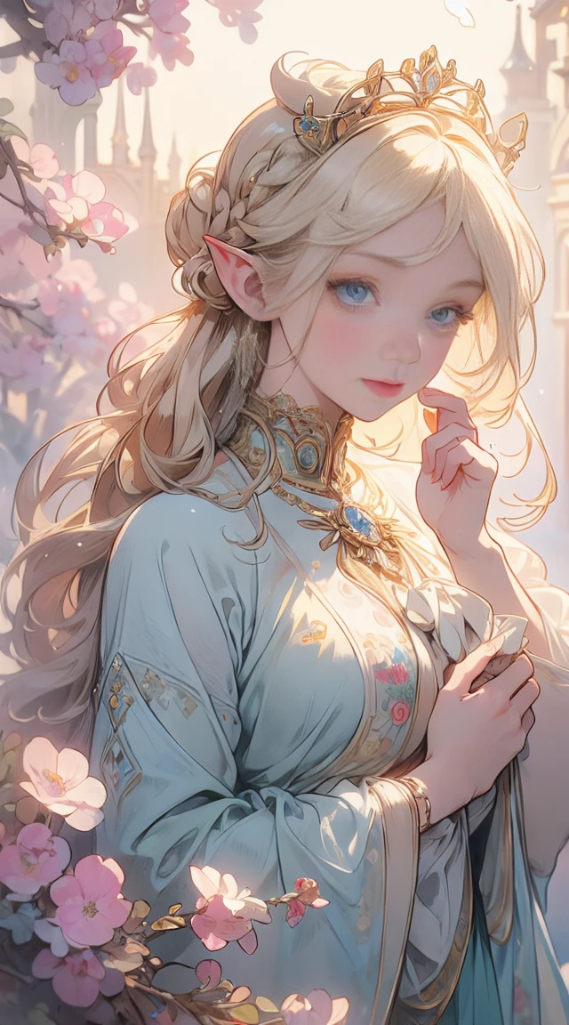 (masterpiece), best quality, ultra-detailed, illustration, detailed light, an extremely delicate and beautiful elf girl, deep blue eyes, light smile, (from front), (face focus), hands together, an aerial garden where flowers are in full bloom, petals dance, (nice hands), (perfect hands), (from above:1.2), (asymmetrical bangs:1.2), (artoria style Braid Bun), short hair, white blonde hair, (Bereast E-Cup:1.2), highly detailed face and eyes. By Alphonse mucha.
