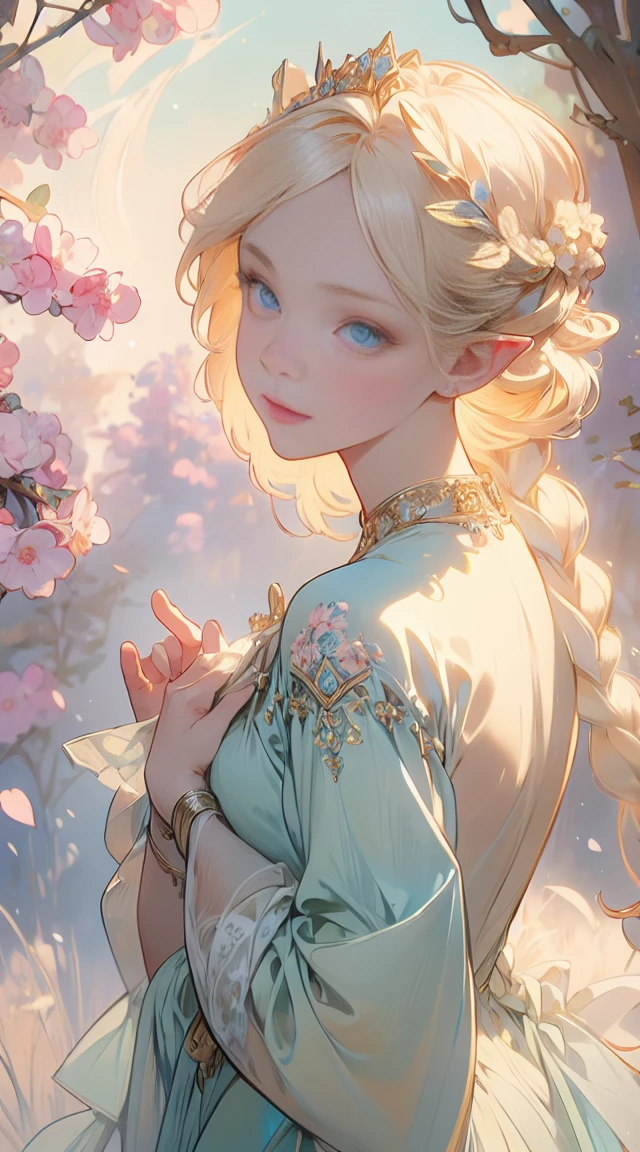 (masterpiece), best quality, ultra-detailed, illustration, detailed light, an extremely delicate and beautiful elf girl, deep blue eyes, light smile, (from front), (face focus), hands together, an aerial garden where flowers are in full bloom, petals dance, (nice hands), (perfect hands), (from above:1.2), (asymmetrical bangs:1.2), (artoria style Braid Bun), short hair, white blonde hair, (Bereast E-Cup:1.2), highly detailed face and eyes. By Alphonse mucha.