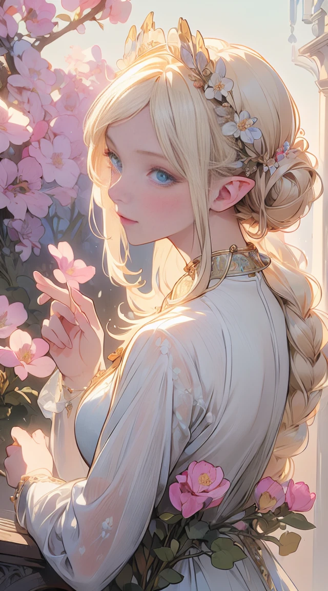 (masterpiece), best quality, ultra-detailed, illustration, detailed light, an extremely delicate and beautiful elf girl, deep blue eyes, light smile, (from front), (face focus), hands together, an aerial garden where flowers are in full bloom, petals dance, (nice hands), (perfect hands), (from above:1.2), (asymmetrical bangs:1.2), (artoria style Braid Bun), short hair, white blonde hair, (Bereast E-Cup:1.2), highly detailed face and eyes. By Alphonse mucha.
