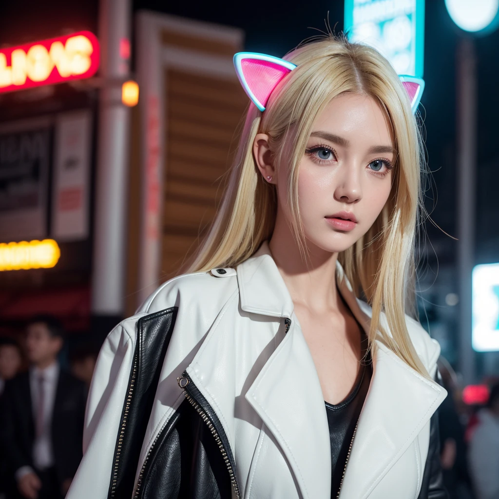 a cat-eared girl, beautiful detailed eyes, beautiful detailed lips, extremely detailed face, long eyelashes, attractive, busty, leather jacket, white shirt, walking on neon streets, side view, 8k, high quality, photorealistic, cinematic lighting, vibrant colors, neon lights, ambient occlusion, depth of field, She's blonde her ears are neon texture 8k