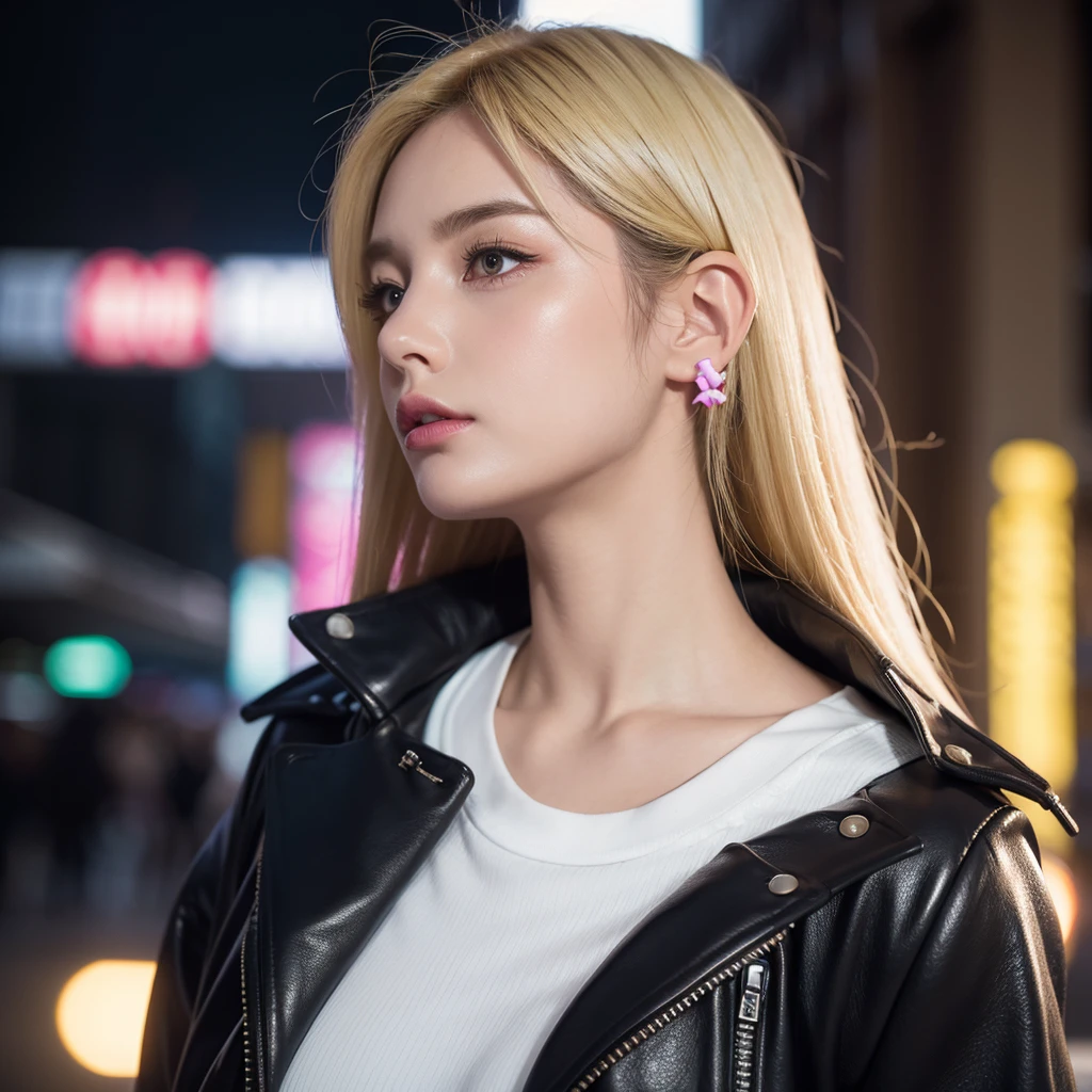 a cat-eared girl, beautiful detailed eyes, beautiful detailed lips, extremely detailed face, long eyelashes, attractive, busty, leather jacket, white shirt, walking on neon streets, side view, 8k, high quality, photorealistic, cinematic lighting, vibrant colors, neon lights, ambient occlusion, depth of field, She's blonde her ears are neon texture 8k