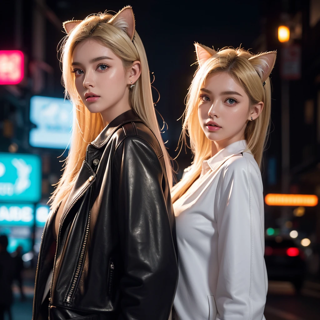 a cat-eared girl, beautiful detailed eyes, beautiful detailed lips, extremely detailed face, long eyelashes, attractive, busty, leather jacket, white shirt, walking on neon streets, side view, 8k, high quality, photorealistic, cinematic lighting, vibrant colors, neon lights, ambient occlusion, depth of field, She's blonde her ears are neon texture 8k