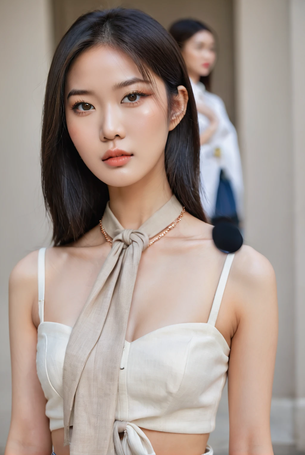 best quality, masterpiece, ultra-detailed, photo-realistic, elegant and sensual, head to torso portrait, Asian woman, confident gaze, subtle expressions, collar bones visible, flawless and fat-free face, intricate detailing on chest and shoulder, perfect skin texture, natural lighting, soft and subtle shadows, rich color palette, vibrant background, minimalistic jewelry, flowing hair, refined and sophisticated appearance