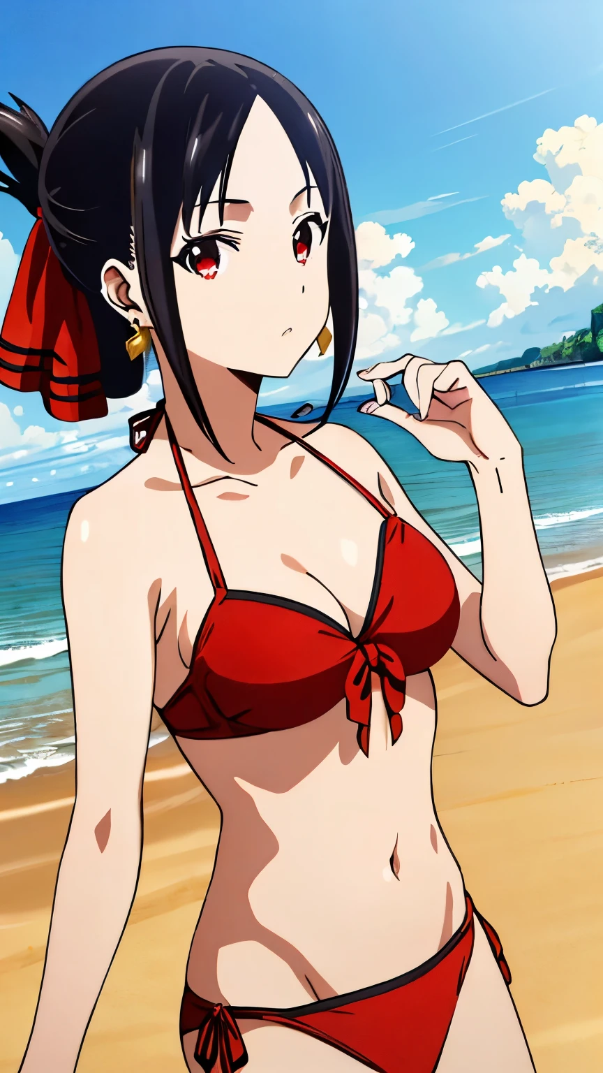 (best quality, masterpiece, 8k:1.2), detailed,
shinomiya kaguya,1girl, solo, black hair, red eyes, short hair, folded ponytail, red hair ribbon, (bikini,slim body, youthful, earrings, beach),
looking at the viewer, medium breasts, dynamic Angle, 