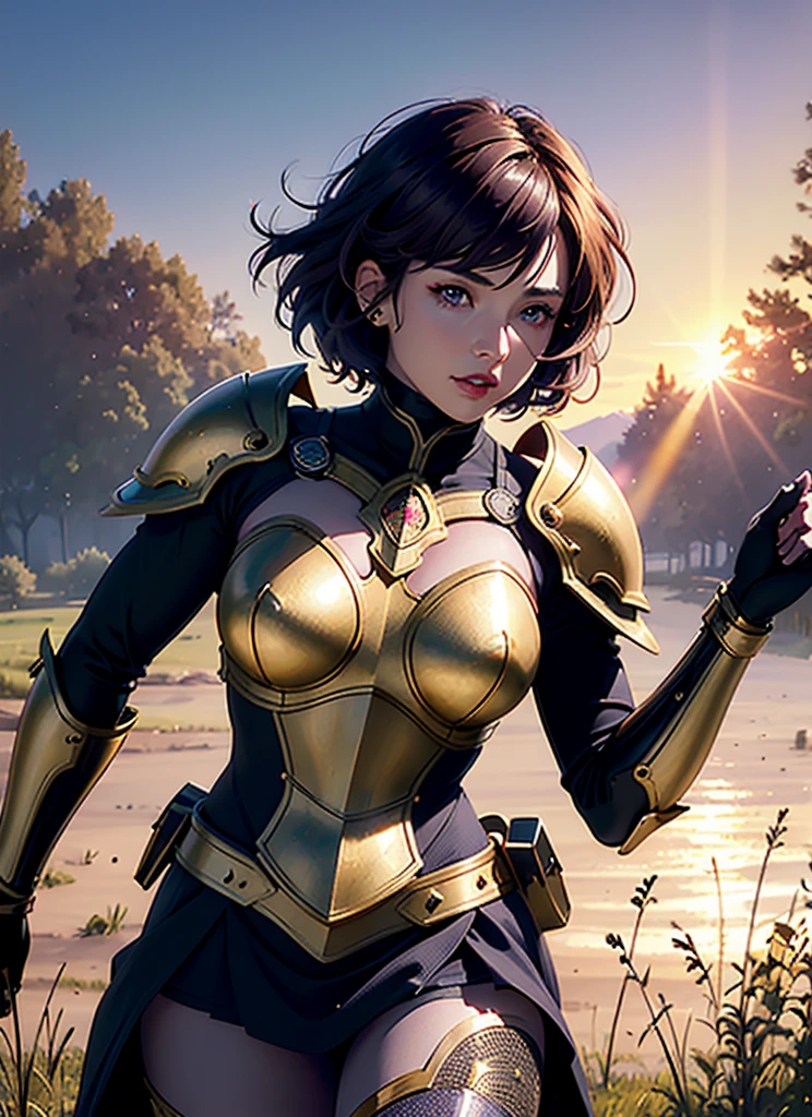 1 girl, short purple hair, beautiful detailed dark brown eyes, beautiful detailed lips, red head ribbon, knight armor, golden breastpiece, golden shoulder pads, black skirt, armored leggings, standing in field, giant tree, sunset, vibrant, god rays, (best quality,4k,8k,highres,masterpiece:1.2),ultra-detailed,(realistic,photorealistic,photo-realistic:1.37),HDR,UHD,studio lighting,ultra-fine painting,sharp focus,physically-based rendering,extreme detail description,professional,vivid colors,bokeh,fantasy,digital art