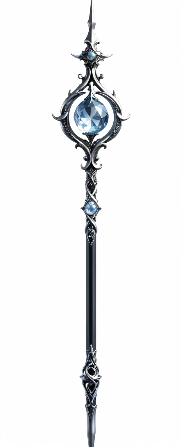 there is a silver and black staff, chrome magic staff, crystal staff , Fantasy staff, steel mage staff, high resolution ultradetailed,