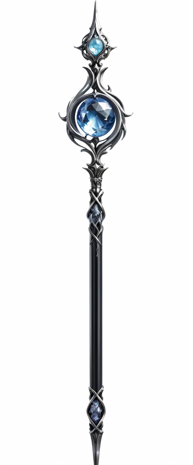 there is a silver and black staff, chrome magic staff, crystal staff , Fantasy staff, steel mage staff, high resolution ultradetailed,