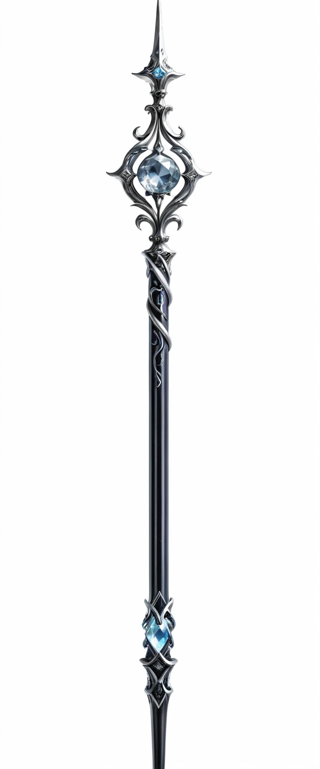 there is a silver and black staff, chrome magic staff, crystal staff , Fantasy staff, steel mage staff, high resolution ultradetailed,