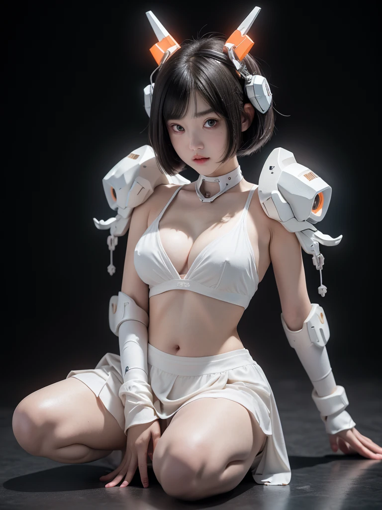 {(japanese young girl)}, (She is fused with futuristic Gundam mecha:1.1), white theme, with headgear, with v-fin , ((unarmored cleavage)), ((unarmored stomach)), ((unarmored upper arms)), ((unarmored face)), (unarmored hands), (unarmored waist), ((unarmored thighs)), (unarmored ankles), japanese girl wear white micro bikini, crawl on all fours:1.3, open legs:1.3   full body:1.5, ,destroyed city background, multilayer textureperfect proportions, octane rendering, duotone lighting, Low ISO, wide aperture, White balance, Rule of thirds, ultra HD16k, HDR (High Dynamic Range), Ray Tracing, nvidia RTX, Super Resolution, Subsurface Scattering, PBR Texturing, Post Processing, Anisotropic Filtering, Depth of Field, Maximum Clarity and Clarity, High efficiency subpixel, subpixel convolution, particles of light, light scattered, Tyndall effect, full body:1.5, doggy style, cute, (cute:1.2), (bob cut:1.3),Braid, Black Hair, Thick eyebrows, Light-colored irises, Big, bright black eyes, Long eyelashes, Small, light-colored, natural lips, (Average face of Japanese idols), (The uniquely Japanese like face:1.3), (baby de forehead:1.2, Plump Cheeks, Small jaw, visible side boob, (attached huge weapon on back),looking at viewer,Focus on the eyes,with sleek and menacing design, (Four perfect fingers, One thumb),