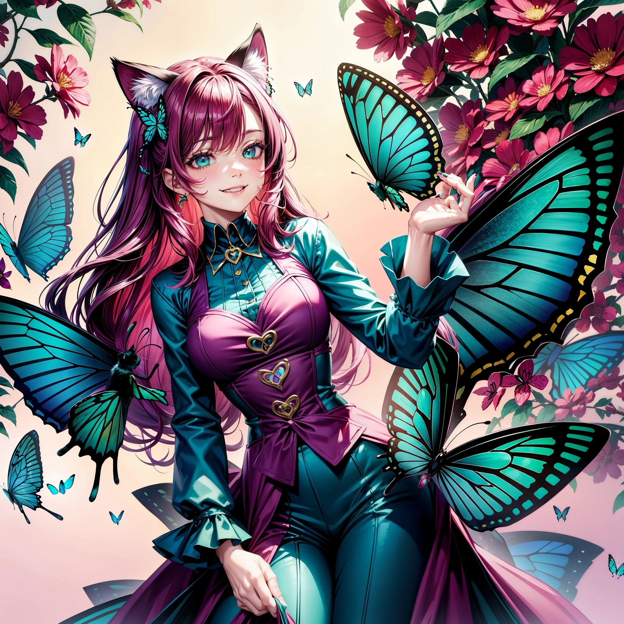 Magenta hair, brown eyes, older woman, hair bows, cat ears, long hair, smiling face, sexy outfit, butterflies, teal and gold outfit, butterfly background, uniform open chest top