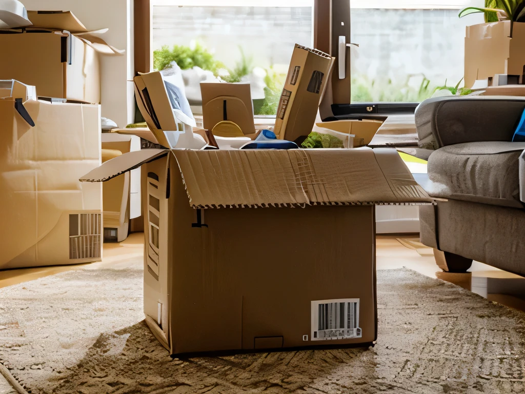 household things in an open cardboard box, that can be seen from outside, a single box in the living room