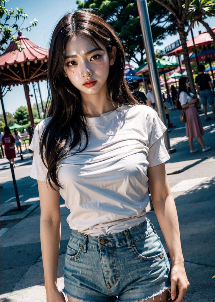 Asian woman Araffe wearing a white shirt and jeans shorts poses for a photo., Korean female fashion model, หญิงKorean girlที่งดงาม, Wear simple, tight-fitting clothing., Photo of a slim girl model, Korean girl, beautiful south korean women, หญิงKorean girlที่สวยงาม, Casual clothing style, The shirt is tight., Thin waist and thick hips, Photo of a slim girl, modern casual clothing