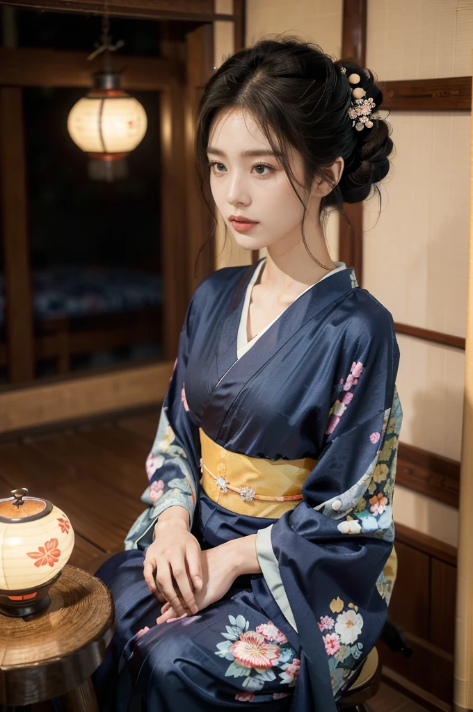 (((best quality))),(((ultra detailed))),(((masterpiece))),illustration,((1 beautiful Japanese girl,solo)),((slim,thin)),((small breasts,flat chest)),serene,melancholic,(rainy:1.3),(night scene:1.3),(in izakaya:1.3),(bun hair:1.2),(traditional Navy blue floral sheer kimono:1.3),cozy atmosphere,ethereal appearance,delicate features,expressive eyes,contemplation,numbs loneliness,intricate kimono patterns,billowing kimono,traditional beauty,(Sitting on a stool at the dining table:1.3),sliding doors,rainy alley,soft glow lanterns,warm ambiance,vapor,atmospheric haze,introspection,isolation,beauty in solitude,complex emotions,quiet moments,Drinking Alone,narrative,loneliness,yearning,inner peace,((from front,upper body))