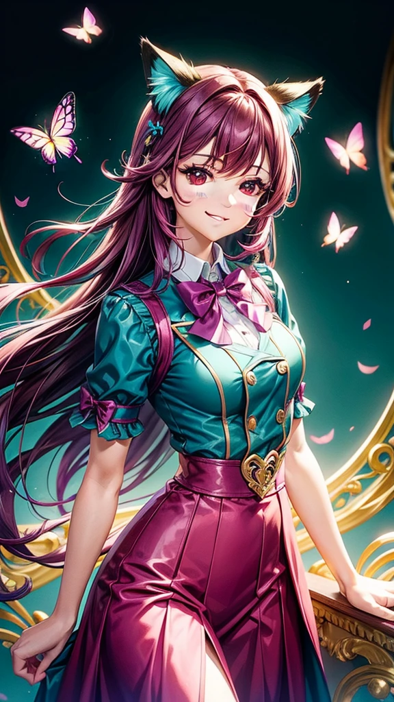 Magenta hair, brown eyes, older woman, hair bows, cat ears, long hair, smiling face, sexy outfit, butterflies, teal and gold outfit, butterfly background, uniform top