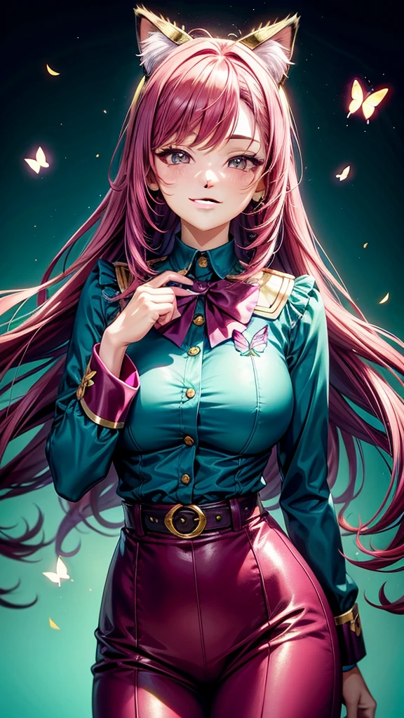 Magenta hair, brown eyes, older woman, hair bows, cat ears, long hair, smiling face, sexy outfit, butterflies, teal and gold outfit, butterfly background, uniform top