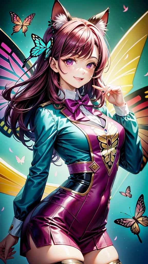 Magenta hair, brown eyes, older woman, hair bows, cat ears, long hair, smiling face, sexy outfit, butterflies, teal and gold outfit, butterfly background, uniform top