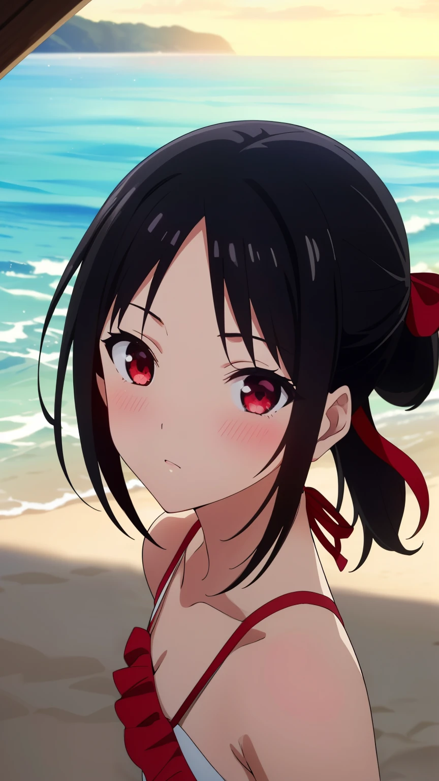 (best quality, masterpiece, 8k:1.2), anime, detailed,
Shinomiya Kaguya,1girl, solo, (black hair:1.2), side Lock, red eyes, short hair, folded ponytail, red hair ribbon, eye light, small medium breasts, (Swimsuit, Frill, beach, blushing),
Definition CG Unity, Perfect lit, bright_front_face_lit,Super detailed, photograph, 8K, nffsw, High resolution, (absurd:1.2), kodak portrait 400, film grain, Lens flare, (lively_color:1.2)
looking at the viewer,  cowboy shot, dynamic Angle, 