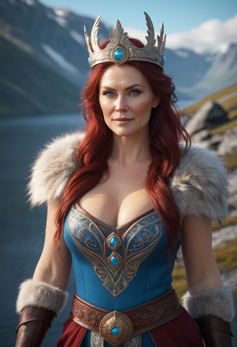 Full body Portrait of the Great Nordic Queen, a very gorgeous woman, 50 years old, thick healthy body, erotic warrior costumes, dark red styled fluffy hair, natural Blue eyes, a nose with a bump, an elongated chin, dressed in ancient national,
8k resolution, dynamic lighting hyperdetailed intricately detailed Splash art trending on Artstation triadic colors Unreal Engine 5 volumetric lighting, oil painting, heavy strokes
