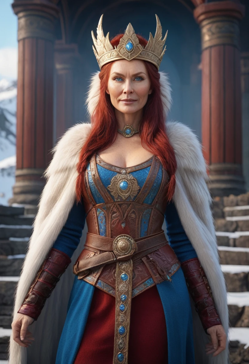 Full body Portrait of the Great Nordic Queen, a very gorgeous woman, 50 years old, thick healthy body, erotic warrior costumes, dark red styled fluffy hair, natural Blue eyes, a nose with a bump, an elongated chin, dressed in ancient national,
8k resolution, dynamic lighting hyperdetailed intricately detailed Splash art trending on Artstation triadic colors Unreal Engine 5 volumetric lighting, oil painting, heavy strokes