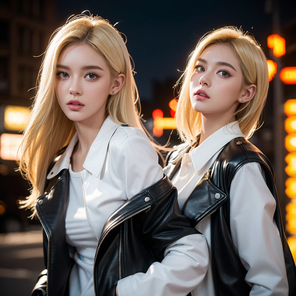 a cat-eared girl, beautiful detailed eyes, beautiful detailed lips, extremely detailed face, long eyelashes, attractive, busty, leather jacket, white shirt, walking on neon streets, side view, 8k, high quality, photorealistic, cinematic lighting, vibrant colors, neon lights, ambient occlusion, depth of field, She's blonde her ears are neon texture 8k, Only 1 girl