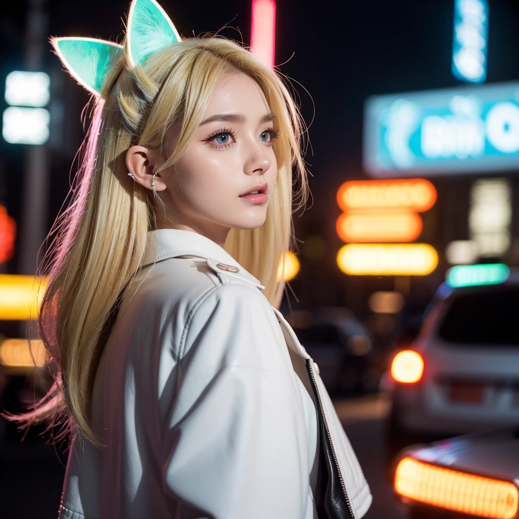 a cat-eared girl, beautiful detailed eyes, beautiful detailed lips, extremely detailed face, long eyelashes, attractive, busty, leather jacket, white shirt, walking on neon streets, side view, 8k, high quality, photorealistic, cinematic lighting, vibrant colors, neon lights, ambient occlusion, depth of field, She's blonde her ears are neon texture 8k, Only 1 girl