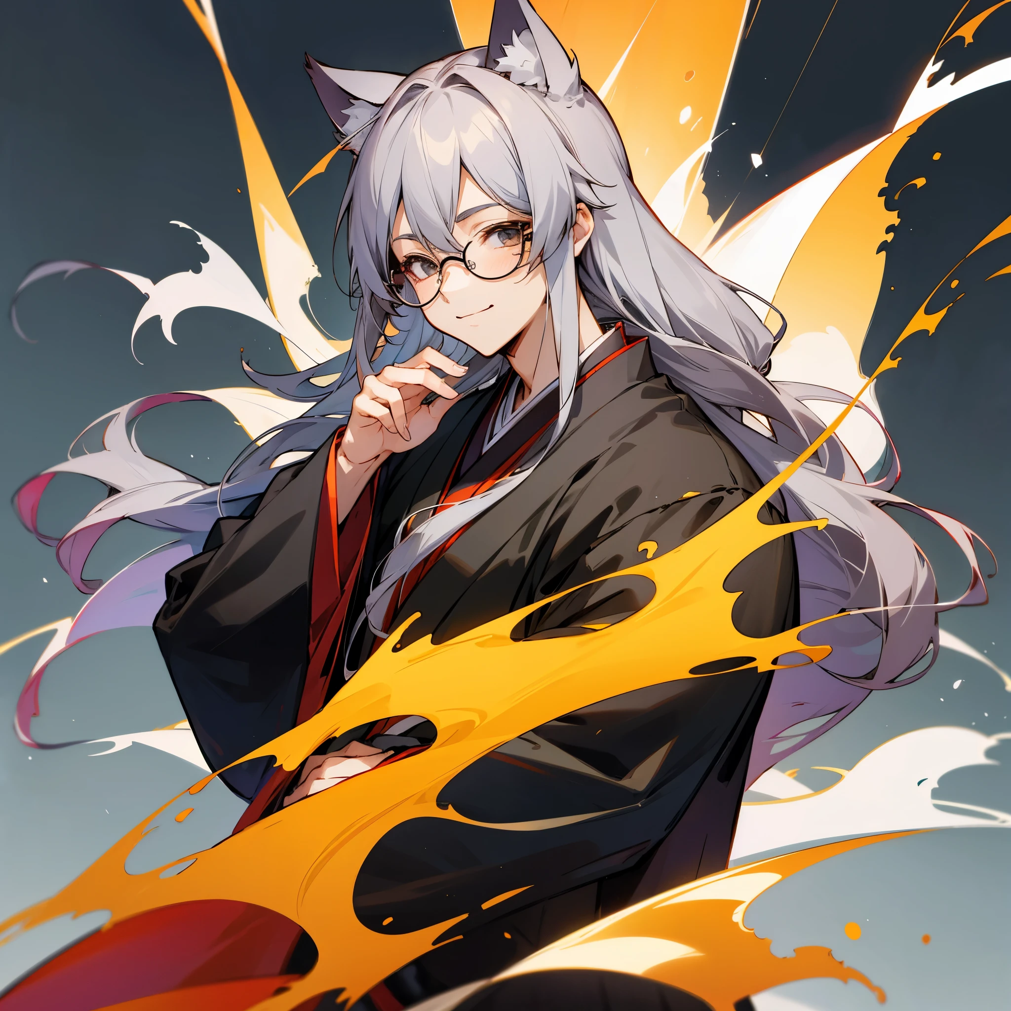 1 Neuter Boy、solo, High resolution, smile, Cat ear, Glasses、Prince Shotoku、Japanese clothing、Long Hair, Grey Hair, Simple Background, anime, anime風,