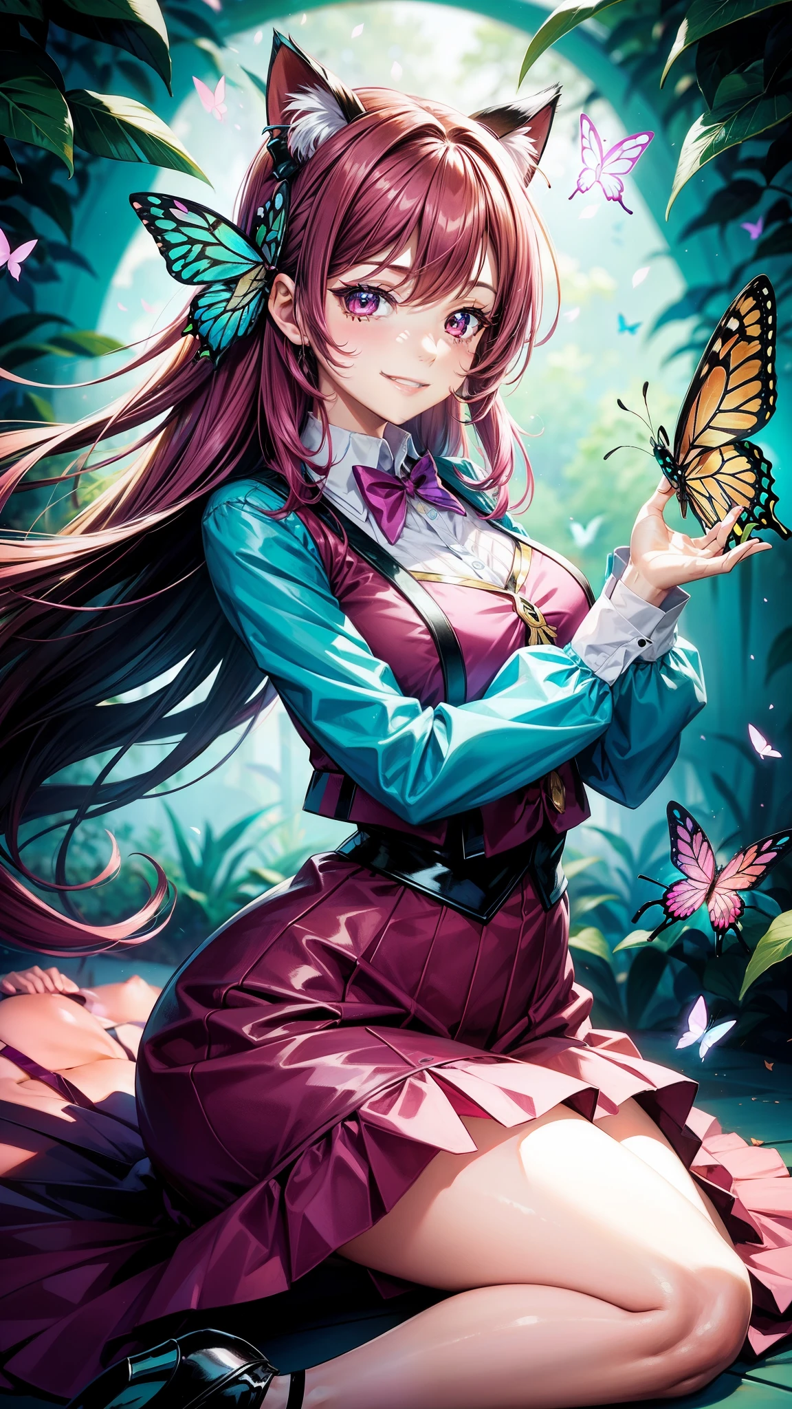 Magenta hair, brown eyes, older woman, hair bows, cat ears, long hair, smiling face, sexy outfit, butterflies, teal and gold outfit, butterfly background, uniform top