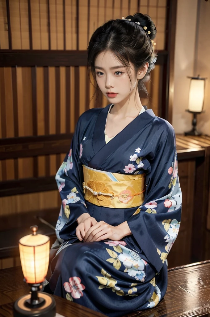 (((best quality))),(((ultra detailed))),(((masterpiece))),illustration,((1 beautiful Japanese girl,solo)),((slim,thin)),((small breasts,flat chest)),serene,melancholic,(rainy:1.3),(night scene:1.3),(in izakaya:1.3),(bun hair:1.2),(traditional Navy blue floral sheer kimono:1.3),(hakama:1.2),cozy atmosphere,ethereal appearance,delicate features,expressive eyes,contemplation,numbs loneliness,intricate kimono patterns,billowing kimono,traditional beauty,(Sitting on a stool at the dining table:1.3),sliding doors,rainy alley,soft glow lanterns,warm ambiance,vapor,atmospheric haze,introspection,isolation,beauty in solitude,complex emotions,quiet moments,Drinking Alone,narrative,loneliness,yearning,inner peace,((from front,upper body))