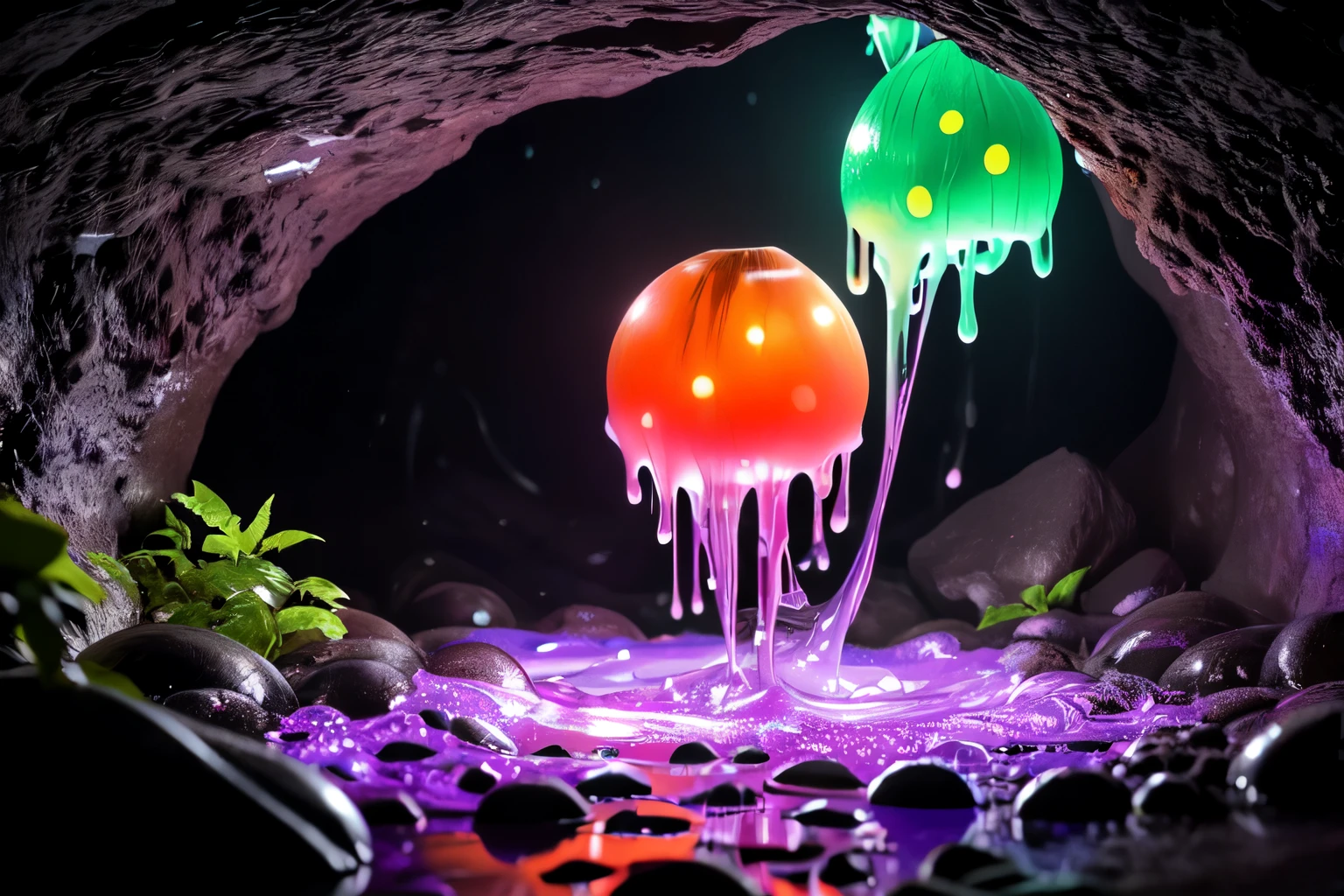 Slime, Transparent、purple、目が多いSlimeが、deep in the dark cave、Writhing。Produces poisonous gas。