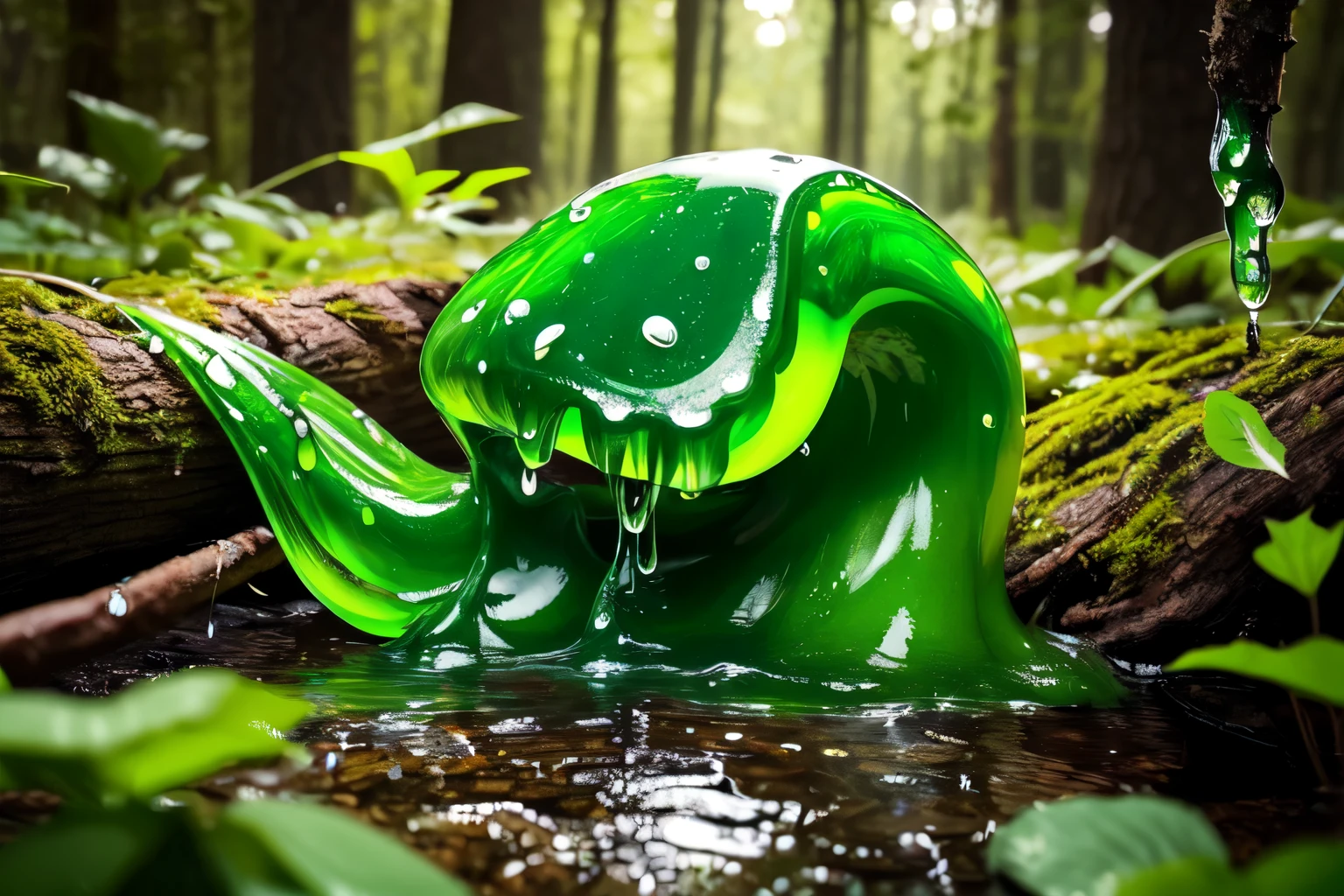 Slime, Slimy、Dark green、触手のあるSlimeが、In the creepy forest、Extending its tentacles。Glowing liquid dripping。