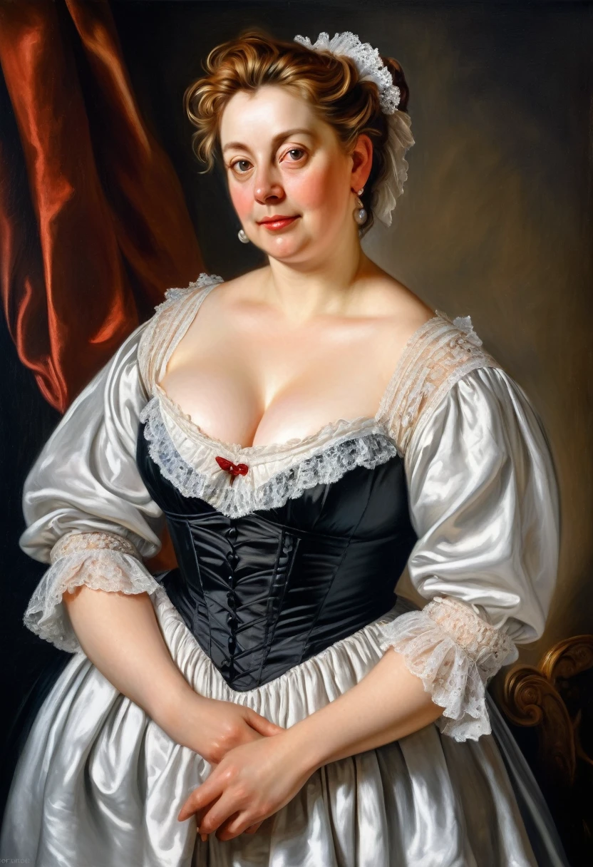 portrait painting of a thick Beautiful middle aged woman, extremely gorgeous, wearing a Victorian Camisole dress or chemise, victorian maid undergarment, by Peter Paul Rubens, in Peter Paul Rubens style, by Caravaggio, intricate, flawless, masterpiece, Best quality, 