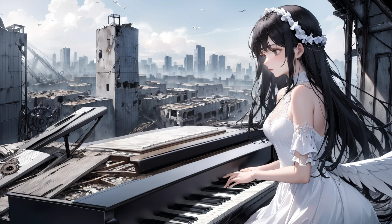 ultra realistic, adolescence girl, (a lot of frills), (black long hair), The black-haired angel has a (body of pure white machinery), white wings are composed of intricately crafted gears and wires, On the rooftop of a ruined skyscraper, a black-haired mechanical angel (play the piano:1.2). Her pure white body, in contrast to the surrounding devastation, seems to symbolize new life. As her fingertips touch the piano keys, a beautiful melody resonates in the silence.