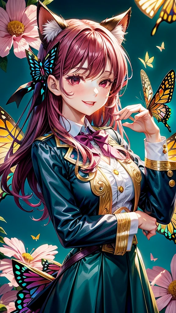 Magenta hair, brown eyes, older woman, hair bows, cat ears, long hair, smiling face, sexy outfit, butterflies, teal and gold outfit, butterfly background, uniform top
