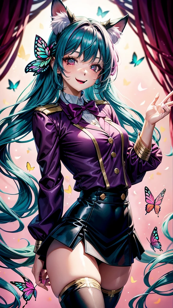 Magenta hair, brown eyes, older woman, hair bows, cat ears, long hair, smiling face, sexy outfit, butterflies, teal and gold outfit, butterfly background, uniform top