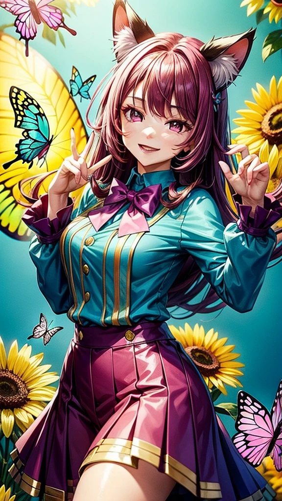 Magenta hair, brown eyes, older woman, hair bows, cat ears, long hair, smiling face, sexy outfit, butterflies, teal and gold outfit, butterfly background, uniform top