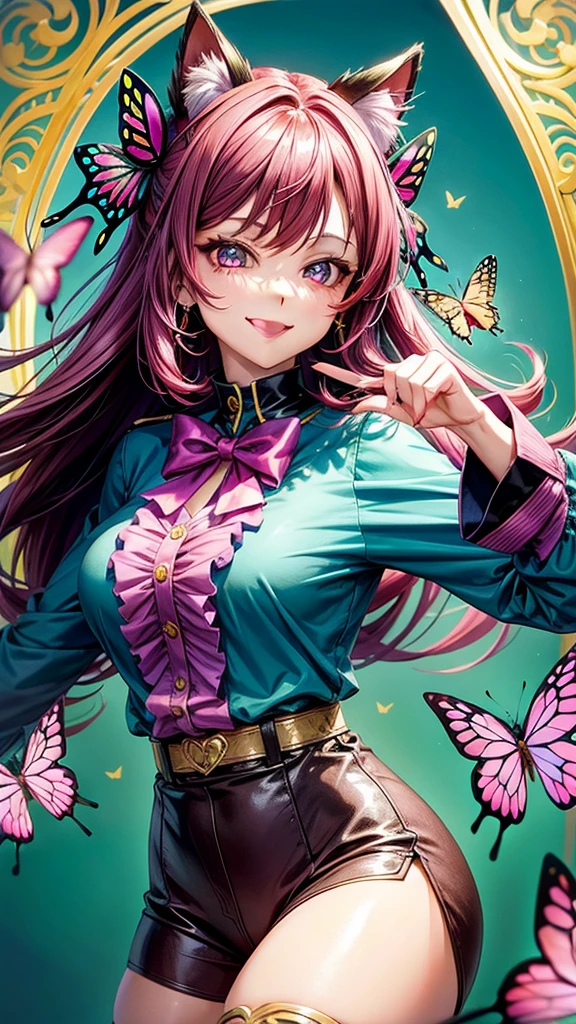 Magenta hair, brown eyes, older woman, hair bows, cat ears, long hair, smiling face, sexy outfit, butterflies, teal and gold outfit, butterfly background, uniform open chest top